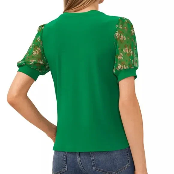 CeCe Green Mixed Media Green Top with Sheer Flower Sleeves - Picture 3 of 7